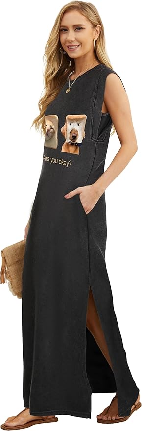 GRECERELLE 2026 Women Year-Round Casual Round Neck Loose Split Wrinkle-Free Long Maxi Vacation Dress with Pockets (XXS-4XL)