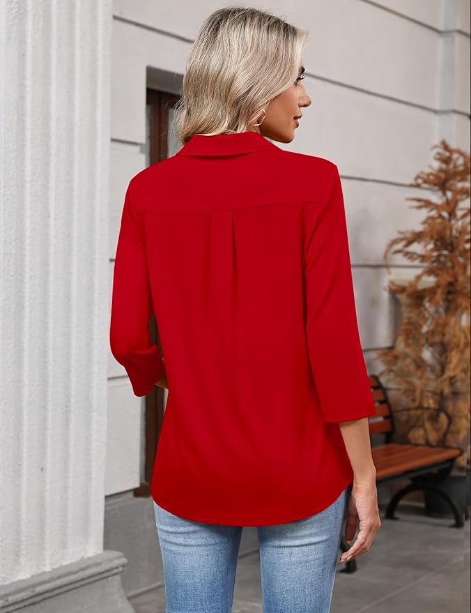 LOMON 3/4 Length Sleeve Womens Tops 2026 Spring Summer Collared Polo Shirts V Neck Casual Basic Polos Tees Shirt