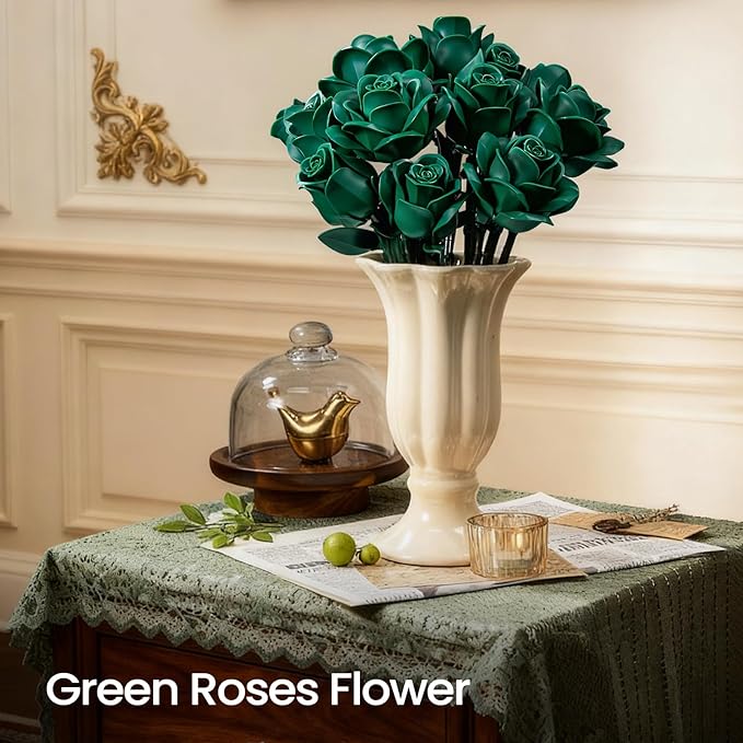 iATOM Green Rose Bouquet Building Set, 12Pcs Fake Flowers Botanical Collection for Adult, Valentine's Day Gift for Her/Girlfriend/Mom/Wife/Couple, Vintage Home Office Table Centerpiece Decor Aesthetic