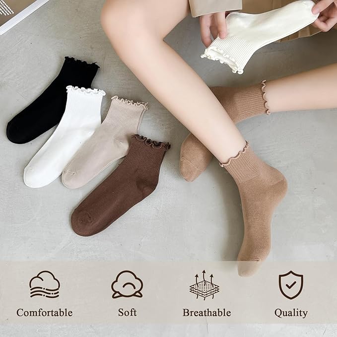 BIVOLU Womens Ankle Socks Ruffle Cotton Cute Frilly Trim Breathable Ankle Ruffled Socks 6 Pack