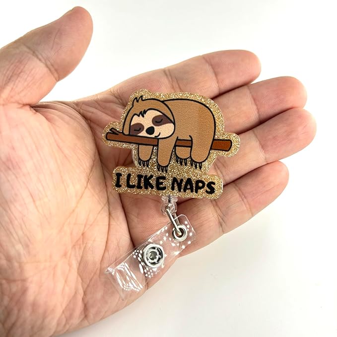 I Like Naps Funny Sloth Badge Reel, Cute Healthcare Retractable ID Card Badge Holder, Name Tag Work Badge Clip for Sleep Center RN LPN CNA MA Night Shift Nurse Pacu Psychiatry Doctor, Nurse Gifts