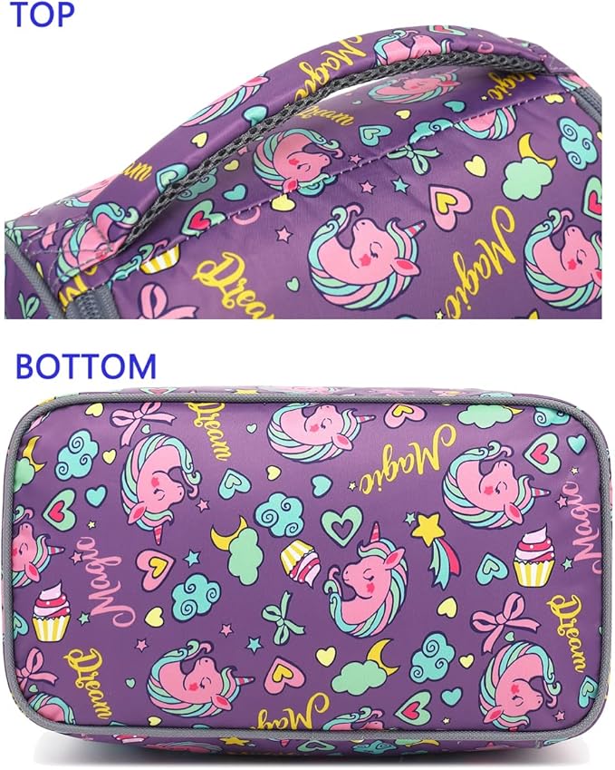 FlowFly Double Decker Cooler Insulated Lunch Bag Large Tote for Boys, Girls, Men, Women, With Adjustable Strap (Purple-Unicorn)