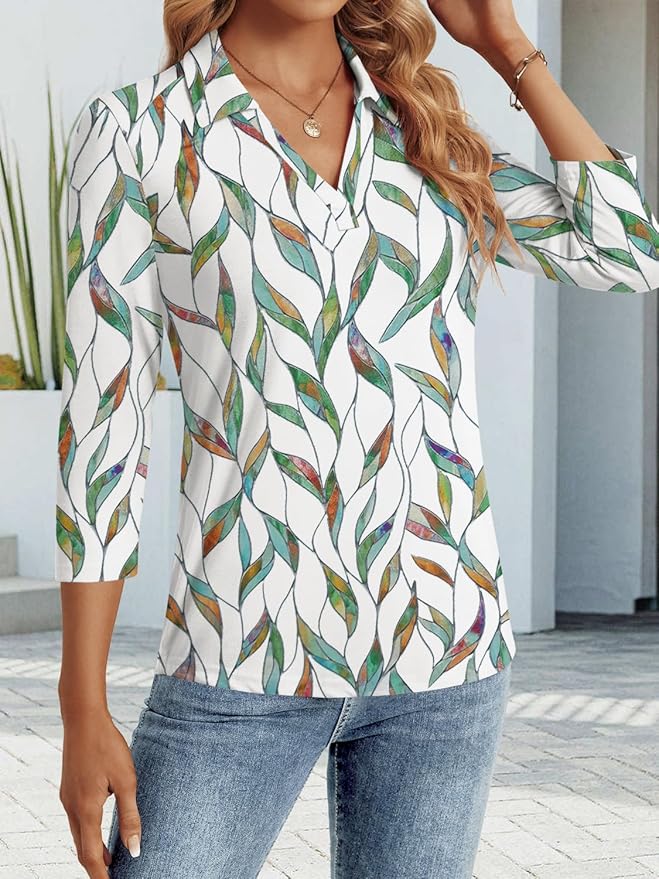 3/4 Length Sleeve Womens Tops Dressy Casual V Neck Polo Shirts Business Work Blouses 2025 Trendy Tunic Top