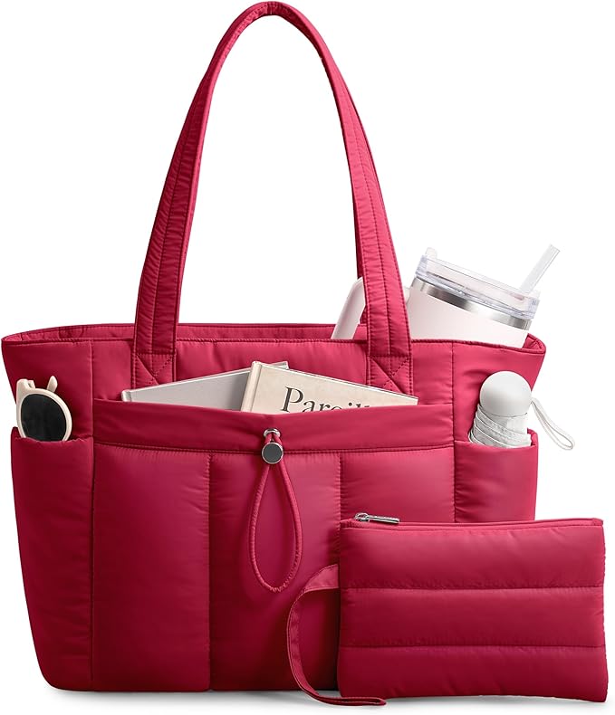 TOPDesign Puffy Tote Bag for Women with Cup Holder & Laptop Compartment & Cosmetic Bag & Trolley Sleeve for Work, Travel