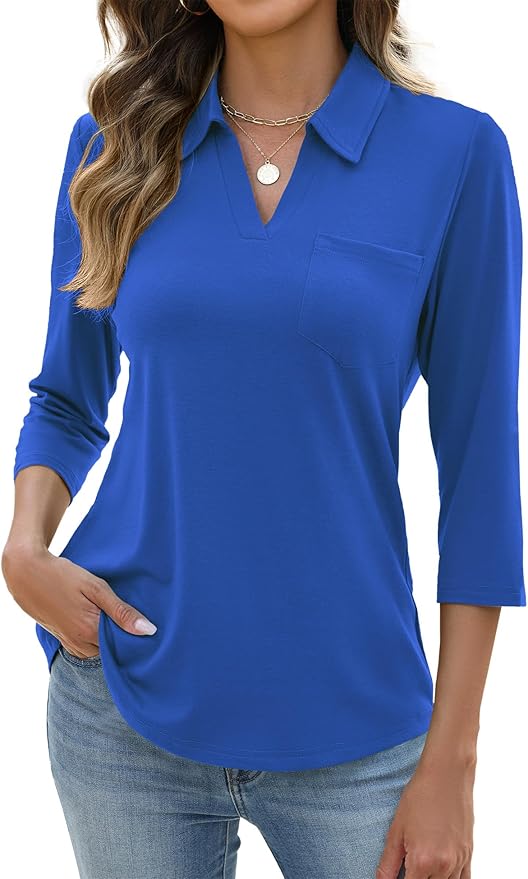 AKEWEI Womens 3/4 Length Sleeve Tops V Neck Casual Basic Tees Work Polo Shirts Collared Summer Top with Front Pocket