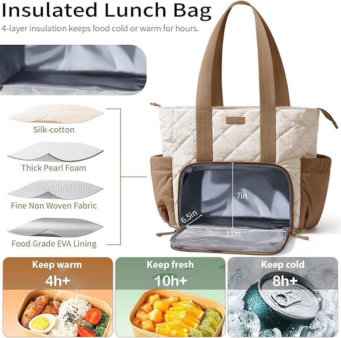 Puffer Lunch Tote Bag for Women, 15.6 Inch Laptop Work Bag with Insulated Lunch Compartment & Large Cup Holder, Lightweight Quilted Puffy Lunch Box Purse for Teacher Nurse Travel Office Daily School