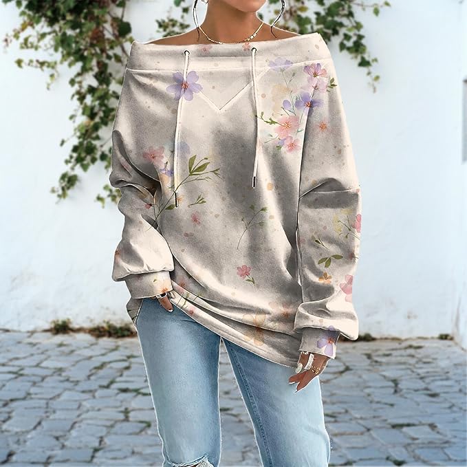 Womens Sweatshirts Floral Print Sexy Off The Shoulder T Shirts Oversized Long Sleeve Pullover Fall Tops