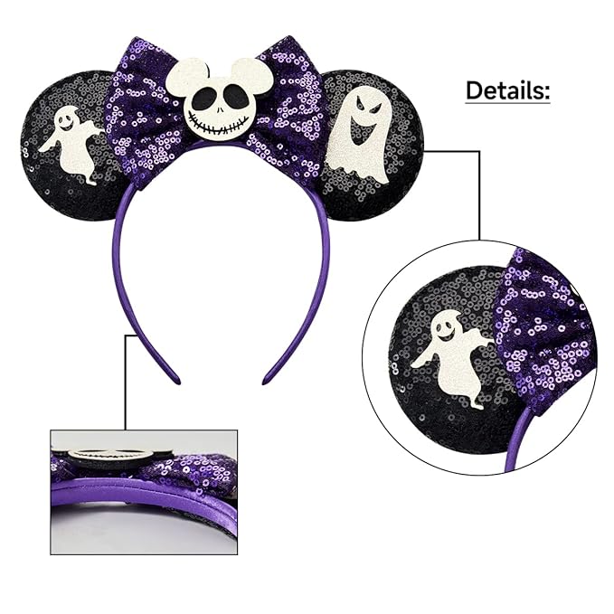 RAZKO Mouse Ears Headband, Sequin Halloween Mice Ears Hairband Jack Ghost Mouse ears Headband for Women Girls Hair Accessories (Halloween Jack)
