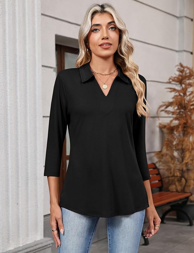 LOMON 3/4 Length Sleeve Womens Tops 2026 Spring Summer Collared Polo Shirts V Neck Casual Basic Polos Tees Shirt