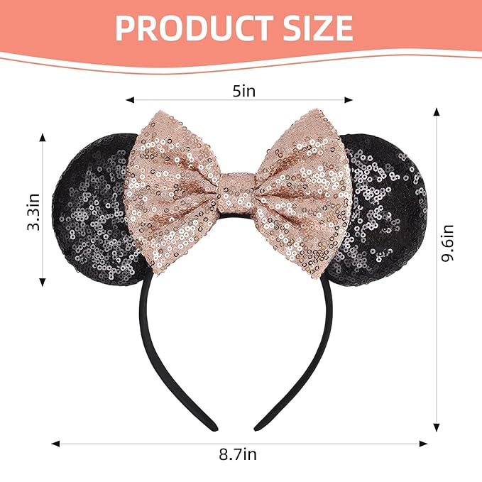 Seamoy Sequin Rose Gold Minnie Headband with Mouse Ears and Bow, Sparkle Park Princess Ears for Women Girls (Gold Bow and Black)