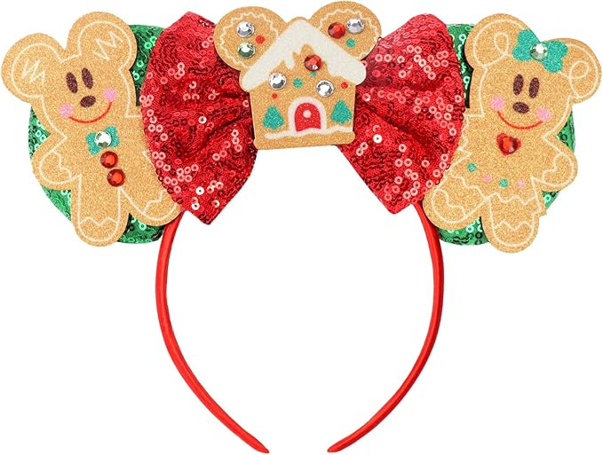 ETLUK Christmas Mouse Ears Headband for Women, Sequin Christmas Ears Headband for Party Cosplay Costumes Accessories（Green Gingerbread）