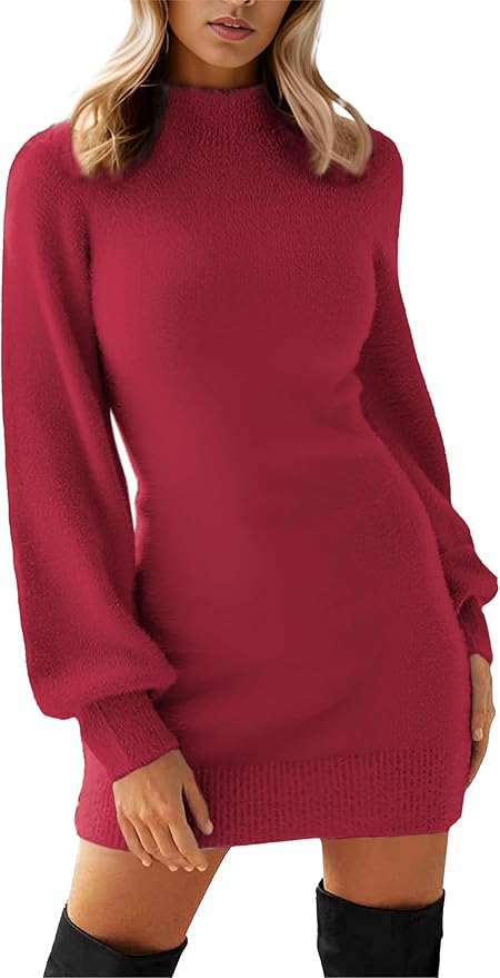 GRECERELLE 2026 Women's Mock Neck Ribbed Long Sleeve Bodycon Pullover Cute Mini Sweater Dress (XS-2XL)
