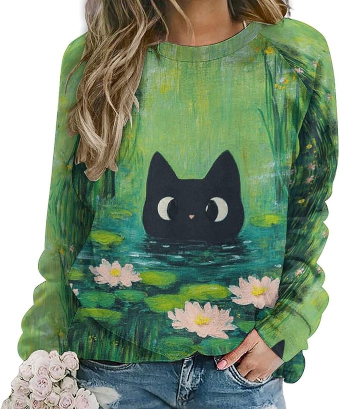 Spatofa Womens novelty funny cat printed crewneck sweatshirt casual loose long sleeve graphic pullover sweatshirts tops