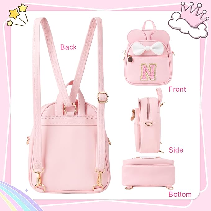UIXIZQ Personalized Toddler Backpack for Girls 3–10, Cute Mini Bowknot Mouse-Ear Toddler Bookbag Crossbody Purse, Small Daypack Wallet Set, Initial Birthday Gift, Trendy Little Kids/Teen Bag(Pink,N)