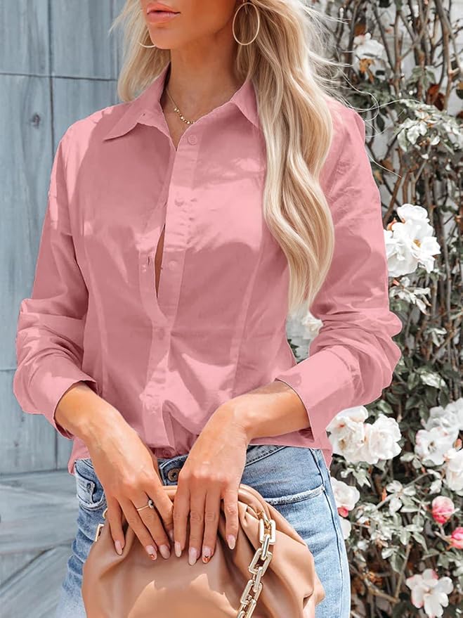 siliteelon Women's Button Down Shirts Long Sleeve Dress Shirts Wrinkle Free Collared Work Office Solid Blouses Corset Tops