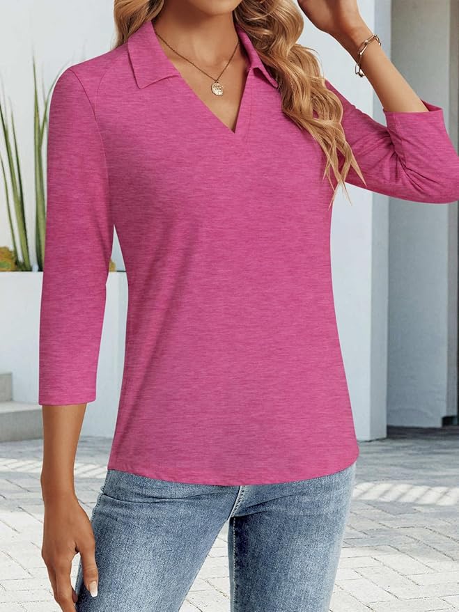 3/4 Length Sleeve Womens Tops Dressy Casual V Neck Polo Shirts Business Work Blouses 2025 Trendy Tunic Top