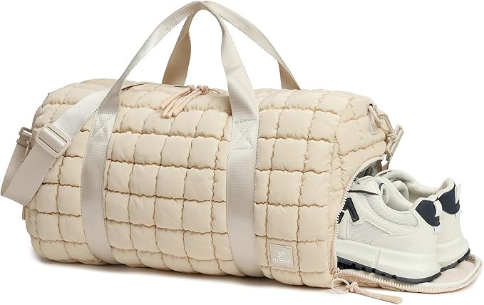 Quilted Duffel Bag for Women, Puffer Gym Duffle Bag with Shoe Compartment Lightweight Large Crossbody Sport Bag Travel Tote Beige