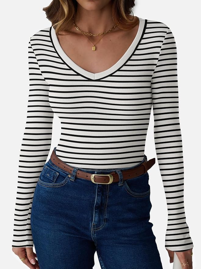 Womens 3/4 Sleeve Scoop Neck Top Ribbed Knit Slim Fitted Casual Basic Tee Shirts 2025 Fall Trendy Work T-Shirt Outfits