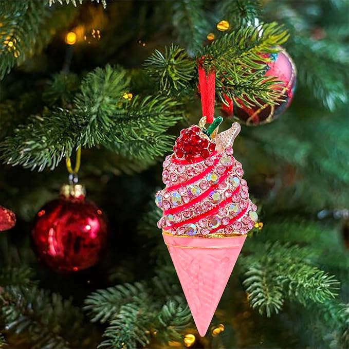 Ushinemi Ice Cream Ornament for Christmas Tree, Ice Cream Cone Hanging Ornament Xmas Tree Decor, Sparkles Keepsake Gifts for Mom Grandma Women Girls Sisters