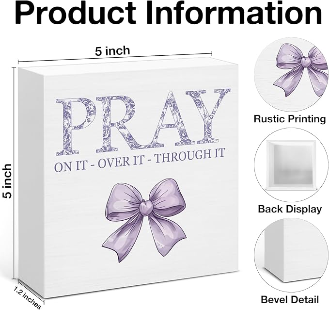 Purple Bow Room Decor, Inspirational Christian Gifts for Women, Pray on it Pray Through it Bible Verse Wooden Sign for Home Office Desk Decoration