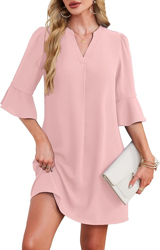 RUMIA Shift Dress for Women V Neck Ruffle Short Sleeve Loose Casual Summer Dress
