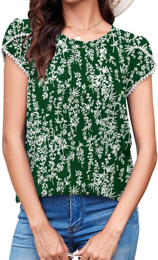 TASAMO Women's Casual Round Neck Basic Pleated Top Cap Sleeve Curved Keyhole Back Chiffon Blouse