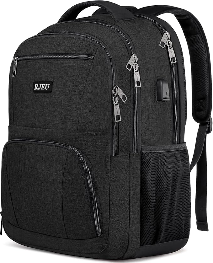 RJEU School Backpack for Teen Boys & College Students - 17.3 Inch Laptop Backpack with USB Charging Port, Anti-Theft Water Resistant Large Bookbag for Men, Travel & Work, Black