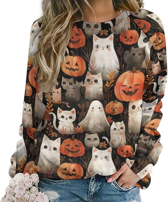 Spatofa Womens novelty funny cat printed crewneck sweatshirt casual loose long sleeve graphic pullover sweatshirts tops