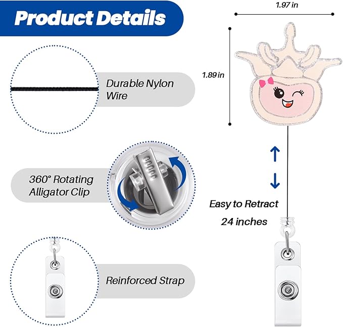 Vertebrae Funny Badge Reel, Cute Retractable ID Card Anatomy Lumbar Badge Holder, Name Tag Work Badge Clip for Chiropractor RN LPN CNA MA ER Night Shift Nurse Nursing Student Doctor, Nurse Gifts