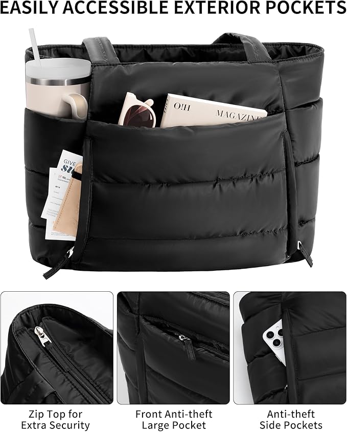 Puffer Tote Bag for Women, Lightweight Puffy Work Handbag Teacher Nurse Quilted Shoulder Bag for School Travel Gym | Quilted, with Zipper, Daily Carry On Bags, Comfy College Bags, 15.6" Laptop Sleeve, Cup Holder Pocket, Portable, Spacious