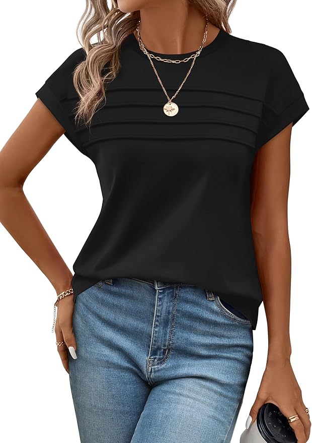 WEESO Womens Summer Tops Trendy 2026 Cap Sleeve T Shirts Crew Neck Pleated Front Beach Vacation Clothes Fashion