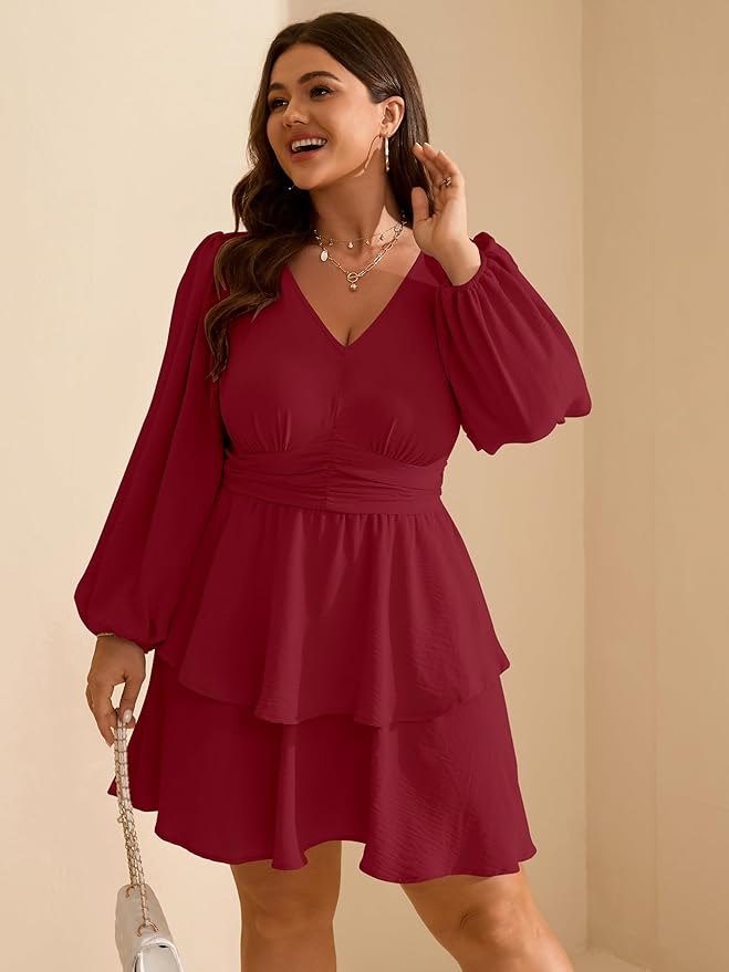 RWJ Plus Size Dresses for Curvy Women V Neck Long Sleeve Elastic Waist Fall Wedding Guest Layer Casual Mini Dress