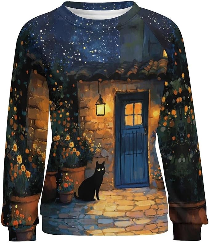 Spatofa Womens novelty funny cat printed crewneck sweatshirt casual loose long sleeve graphic pullover sweatshirts tops