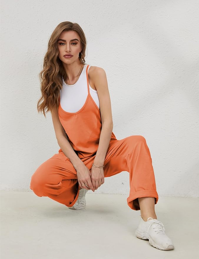 Lentta Women's Causal Jumpsuits V Neck Sleeveless Harem Overalls Stretchy Adjustable Strap Romper with Pockets