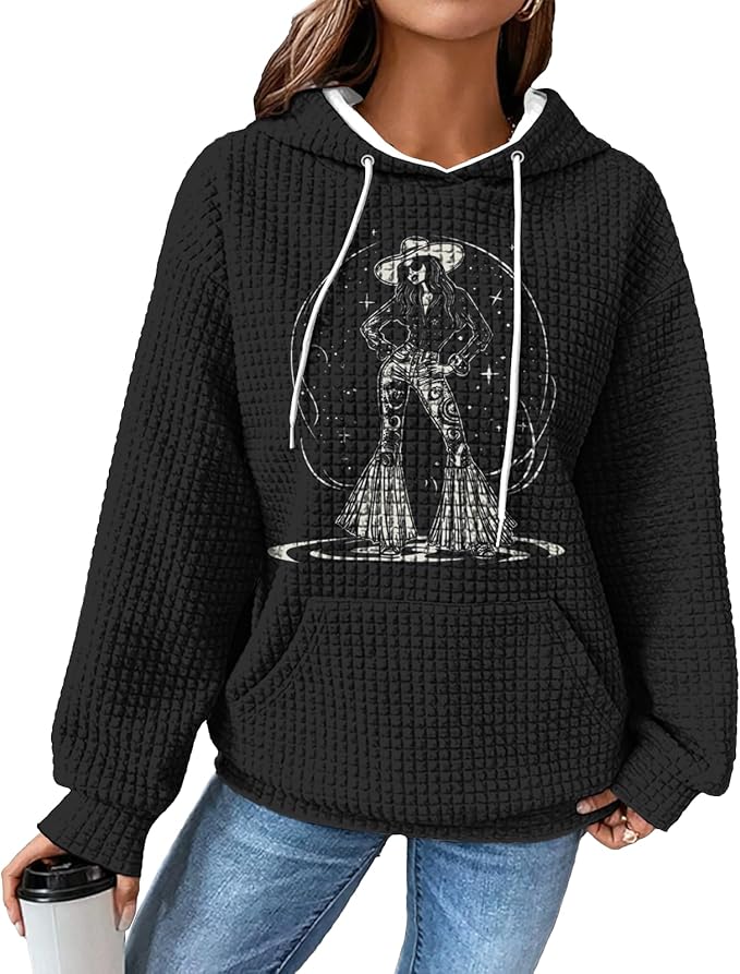 domirica Black Pullover Sweatshirts For Women Trendy Long Sleeve Waffle Sweatshirt With Hood Comfy Fall Clothing Qutfits