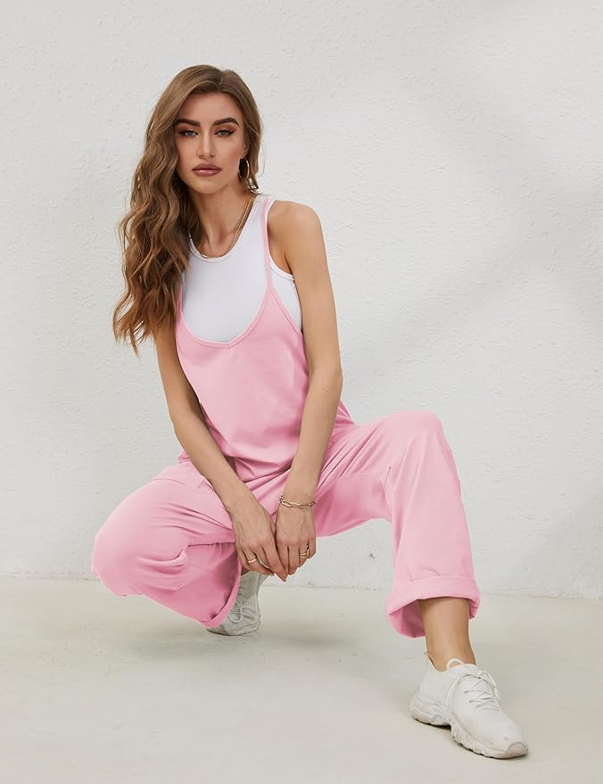 Lentta Women's Causal Jumpsuits V Neck Sleeveless Harem Overalls Stretchy Adjustable Strap Romper with Pockets
