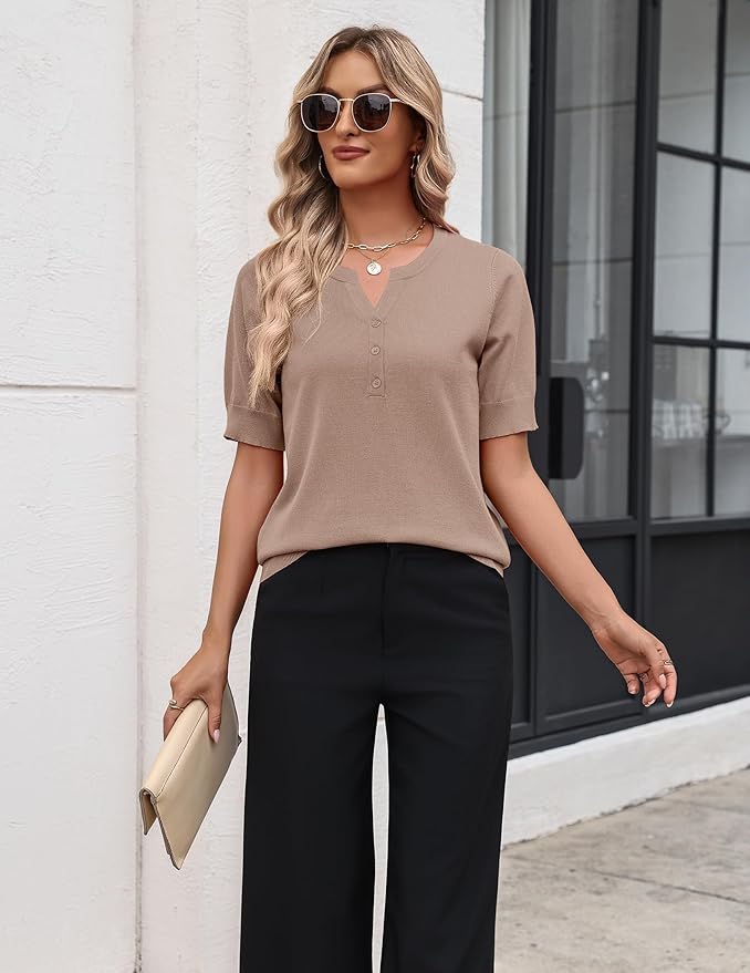 Zeagoo Women's Short Sleeve Sweater 2026 Spring Summer Tops Lightweight Casual V Neck Sweaters Dressy Work Blouses Clothes