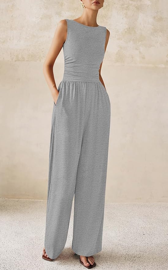 PRETTYGARDEN One Piece Jumpsuits for Women Dressy Casual Sleeveless Crewneck Wide Leg Rompers Jumpers Vacation Summer Outfits