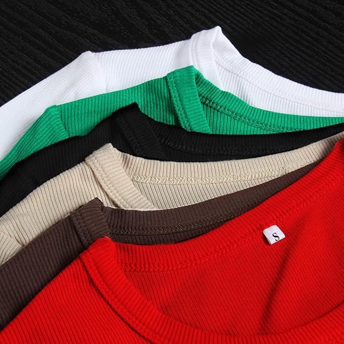 Roselux Womens Long Sleeve Stretch Crewneck Ribbed T-Shirt Fitted Casual Basic Tops