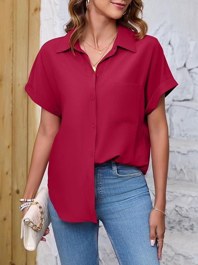 Womens Button Down Shirt Casual Short Sleeve Collared Work Blouse with Pocket