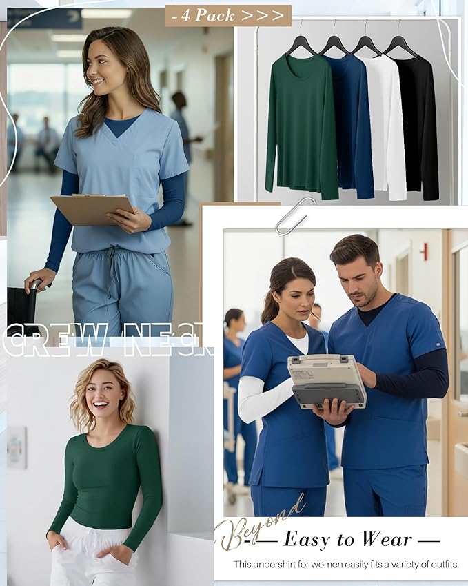 4 Pack Women's Underscrub Shirts Nurse Undershirts Long Sleeve Crewneck Slim Fit Tops Soft Stretchy Basic Tee