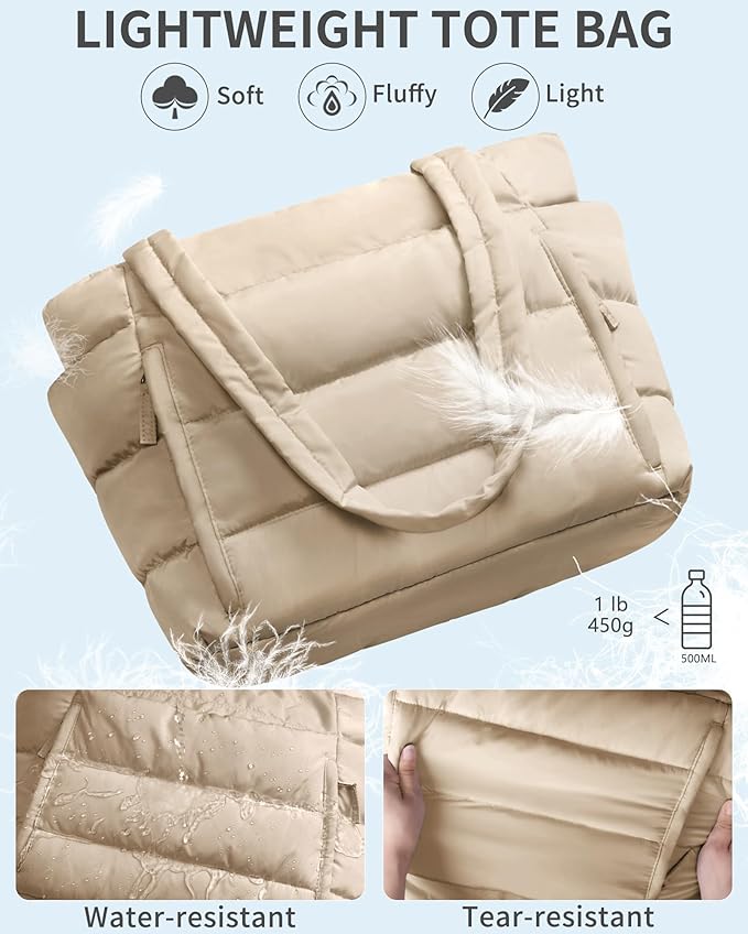 Puffer Tote Bag for Women, Lightweight Puffy Work Handbag Teacher Nurse Quilted Shoulder Bag for School Travel Gym | Quilted, with Zipper, Daily Carry On Bags, Comfy College Bags, 15.6" Laptop Sleeve, Cup Holder Pocket, Portable, Spacious