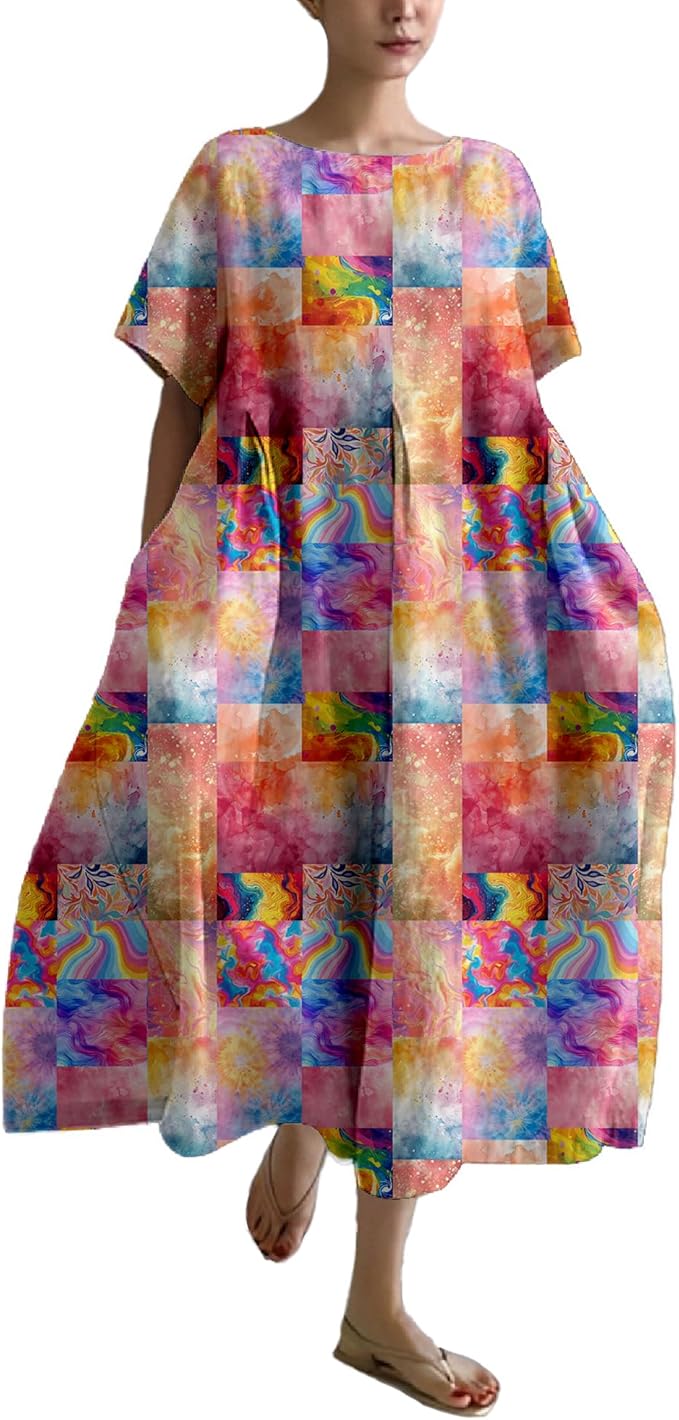 MARSVOVO Patchwork Flowy Dresses for Women Plus Size Loose Casual Tunic Dress Elegant Crewneck Maxi Dresses with Pockets