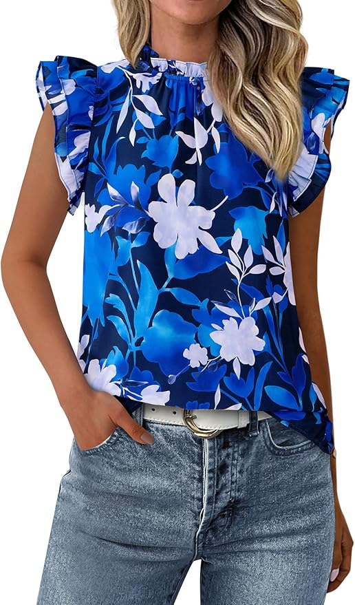 PRETTYGARDEN Women's Ruffle Short Sleeve Summer Tops 2026 Trendy Floral Trim Neck Casual Dressy Chiffon Boho Blouses Shirts