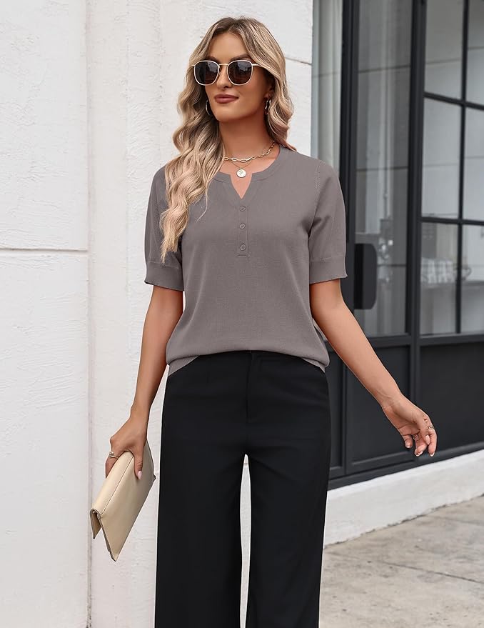 Zeagoo Women's Short Sleeve Sweater 2026 Spring Summer Tops Lightweight Casual V Neck Sweaters Dressy Work Blouses Clothes