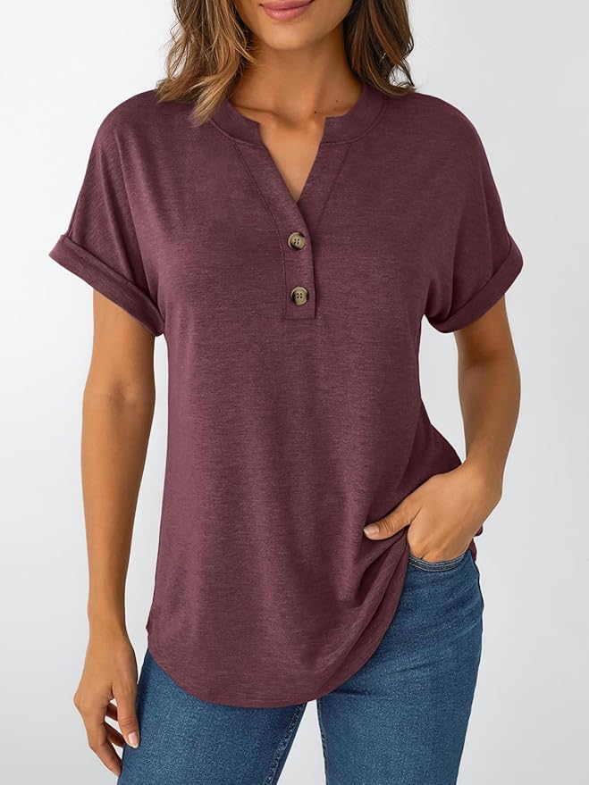 AUTOMET Women's Short Sleeve Shirts Henley Dressy Casual Summer Tops 2026 Spring Fashion Trendy Cute T-Shirts