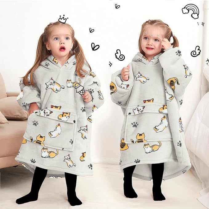 KFUBUO Wearable Blanket Hoodie for Kids Toddlers Sherpa Blanket Sweatshirt With Pocket Cute Hoodies 2-6 Year Old Girl Birthday Gifts Cat