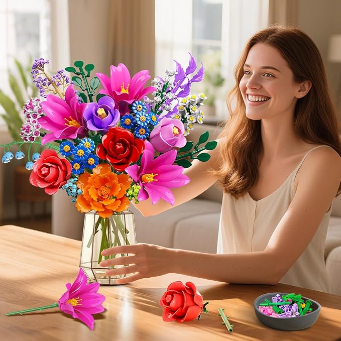 CUBIMANA Valentines Flowers Bouquet Building Set with LED Light, 21 Flower Botanical Collection Block Toy, Rose Lily Home Plant Decor 1054PCS, Gifts for Her Adults Women Mom Kids Girls 12+ (RED)