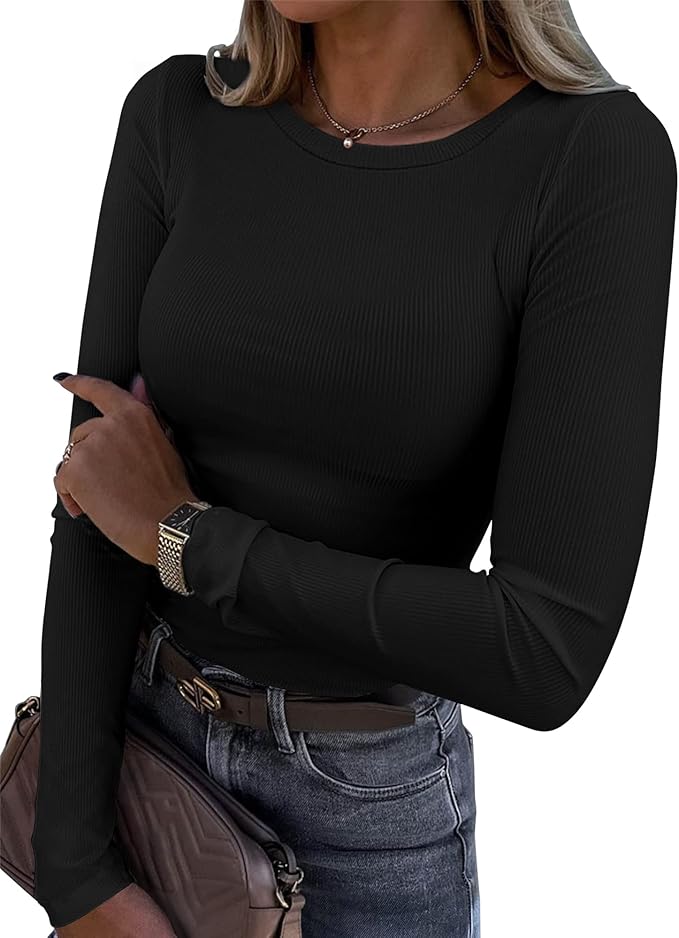 Roselux Womens Long Sleeve Stretch Crewneck Ribbed T-Shirt Fitted Casual Basic Tops