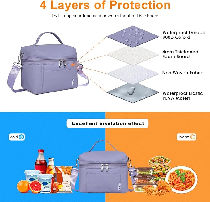NOL Natural Organic Lifestyle Insulated Lunch Bags for Women Cooler Bag Lightweight Nylon Waterproof Lunch Box For Work (Small, Light purple)